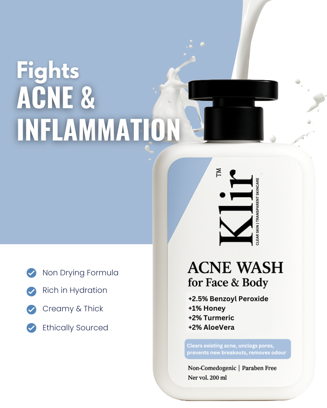 KLIR Acne Wash – Face & Body Cleanser with Benzoyl Peroxide, Aloe Vera for Acne, Odor & Oil Control – 200ml