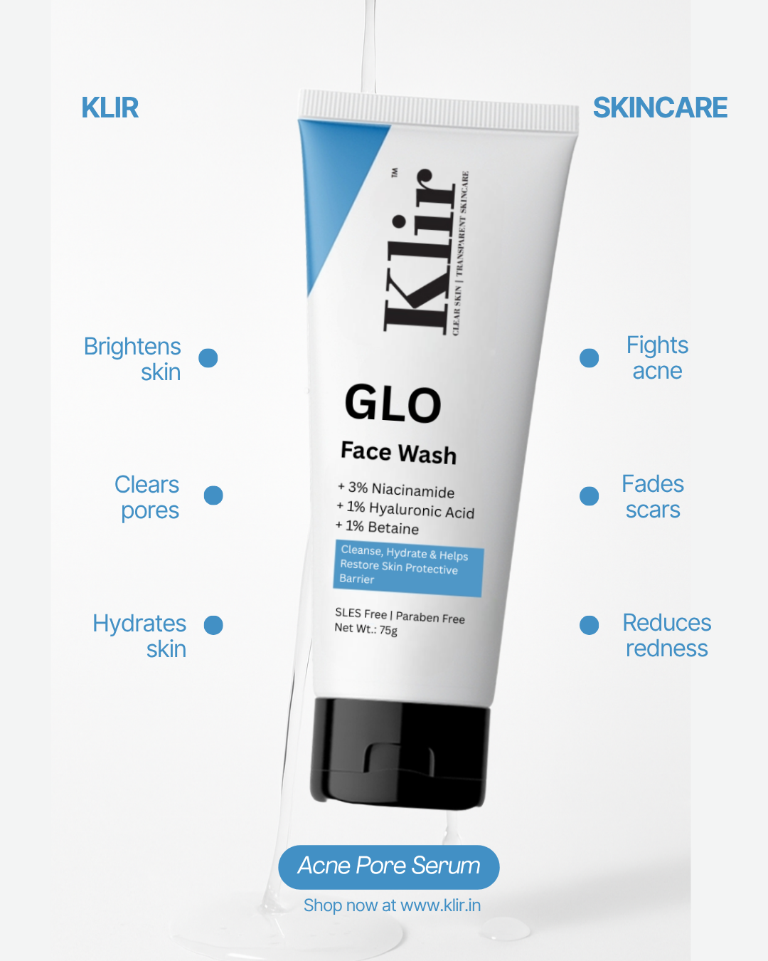 KLIR Glo Face Wash – 3% Niacinamide & Hyaluronic Acid for Glowing, Hydrated Skin – Indian Skin-Friendly – 75 g