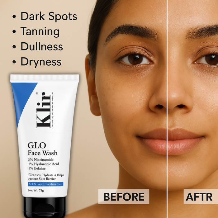 KLIR Glo Face Wash – 3% Niacinamide & Hyaluronic Acid for Glowing, Hydrated Skin – Indian Skin-Friendly – 75 g