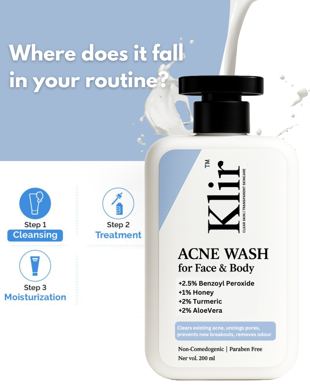 KLIR Acne Wash – Face & Body Cleanser with Benzoyl Peroxide, Aloe Vera for Acne, Odor & Oil Control – 200ml