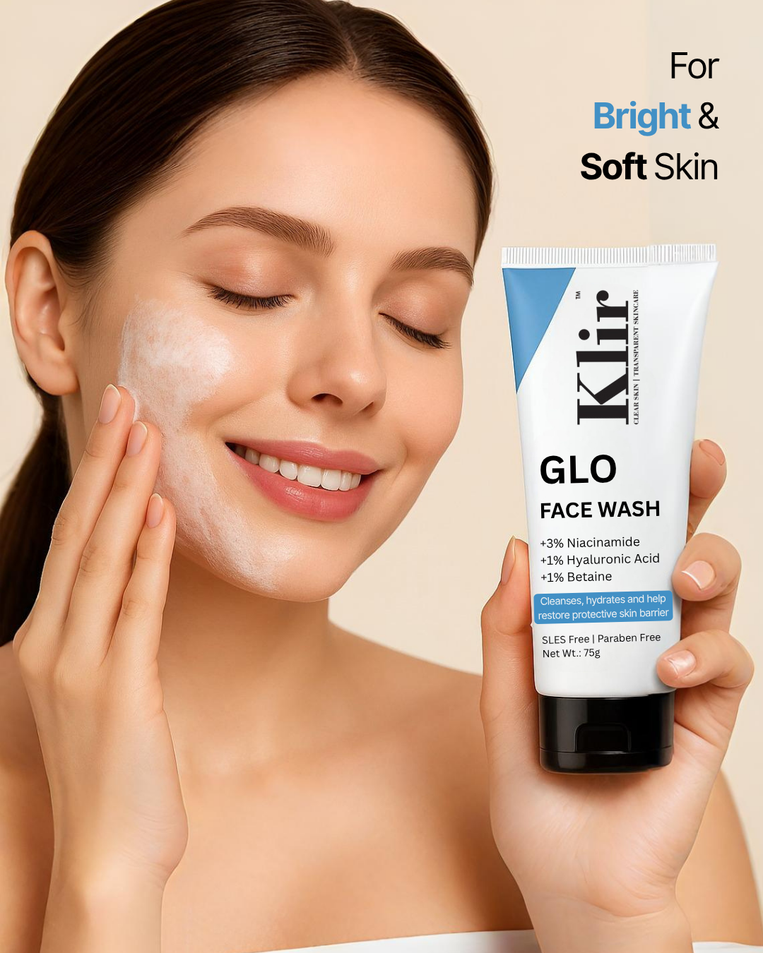 KLIR Glo Face Wash – 3% Niacinamide & Hyaluronic Acid for Glowing, Hydrated Skin – Indian Skin-Friendly – 75 g