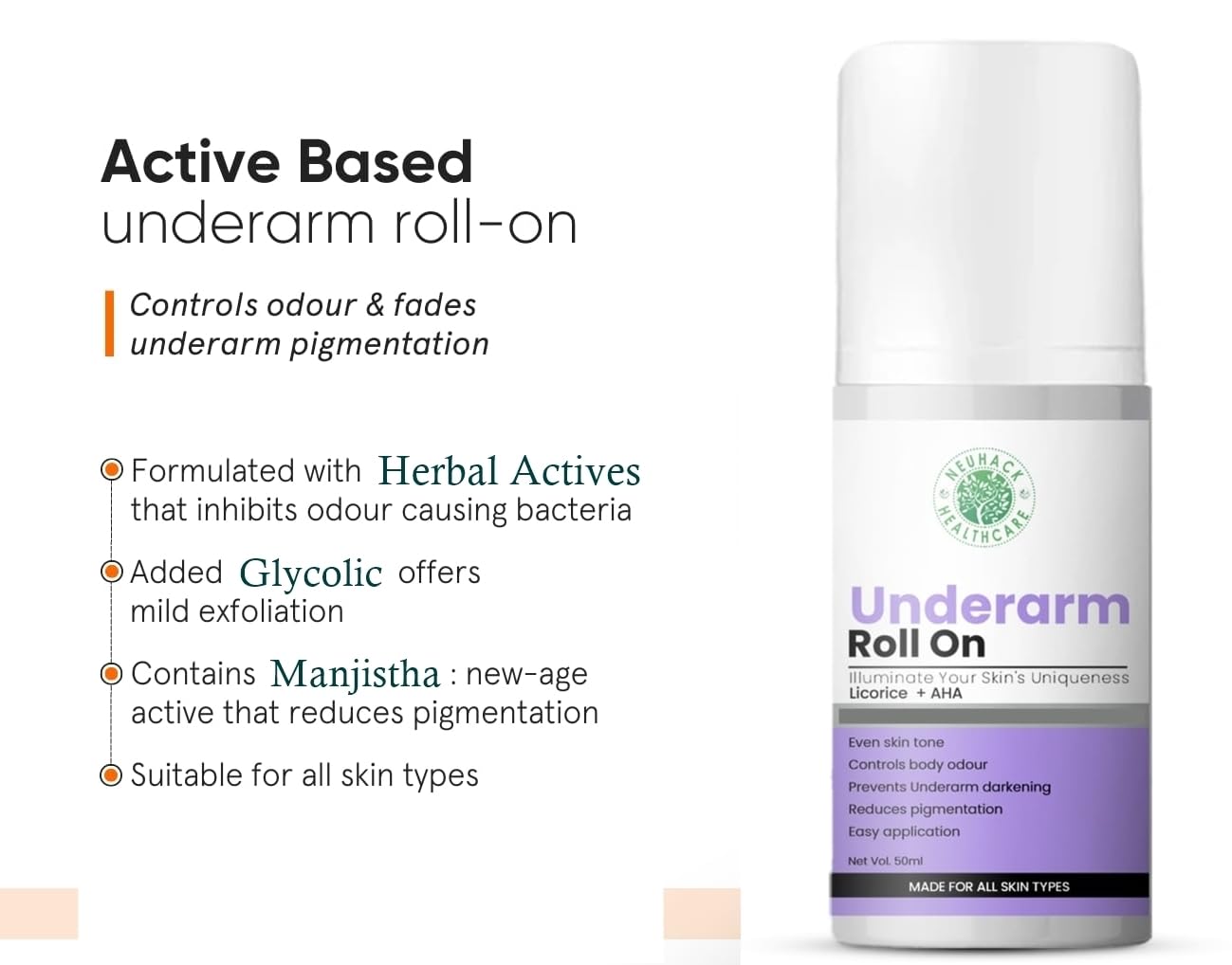 Neuhack Underarm Roll-on with 4% AHA & Licorice – 50g | Gentle Underarm Care