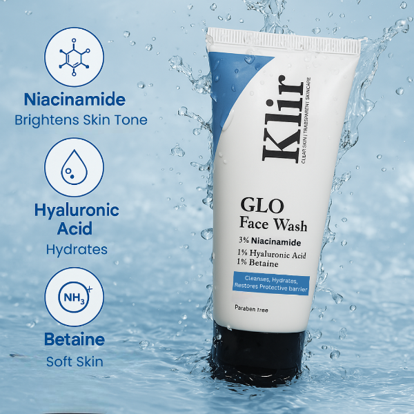 KLIR Glo Face Wash – 3% Niacinamide & Hyaluronic Acid for Glowing, Hydrated Skin – Indian Skin-Friendly – 75 g