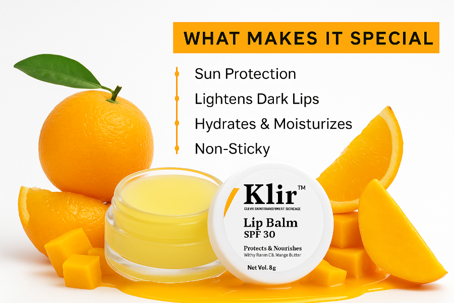 KLIR Lip Balm SPF 30 – Mango Butter, Vitamin C for Hydrated, Soft & Even-Toned Lips – 8g