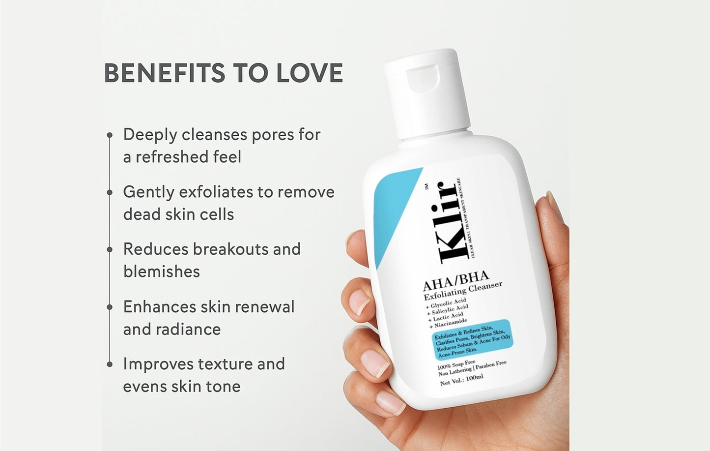 KLIR AHA BHA Cleanser – Brightening, Acne Control, Gentle Exfoliation with Salicylic, Glycolic, Lactic Acid & Niacinamide – 100ml