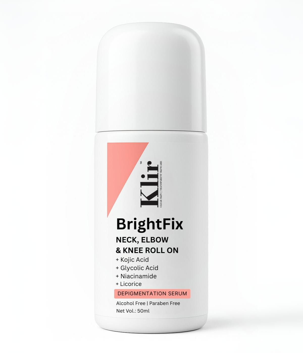 Klir BrightFix Brightening Roll On For Neck, Elbow & Knee with Kojic Acid, Glycolic Acid, Niacinamide, Licorice | Exfoliates, Removes Pigmentation | 50ml
