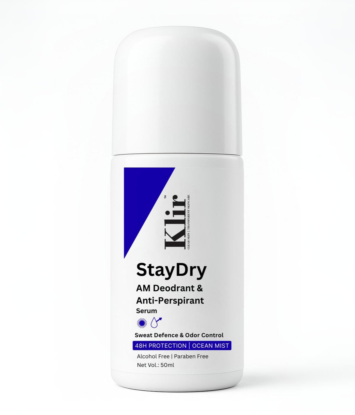 Klir StayDry All Day Protection Anti-Perspirant Roll-On Deodorant | Unisex | Ocean Mist, 50ml