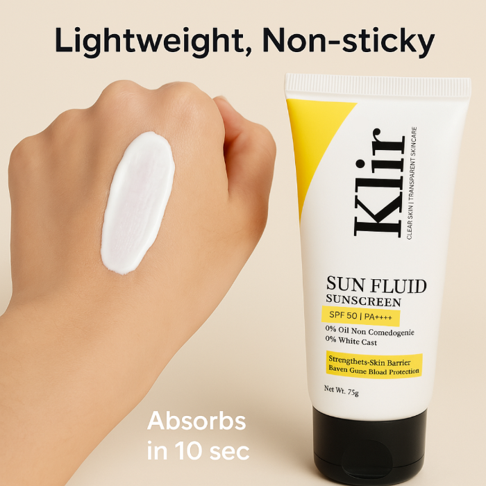 KLIR Sunfluid Sunscreen SPF 50 PA++++ – Non-Sticky, Lightweight, Blue Light & UVA/UVB Protection | 75gm