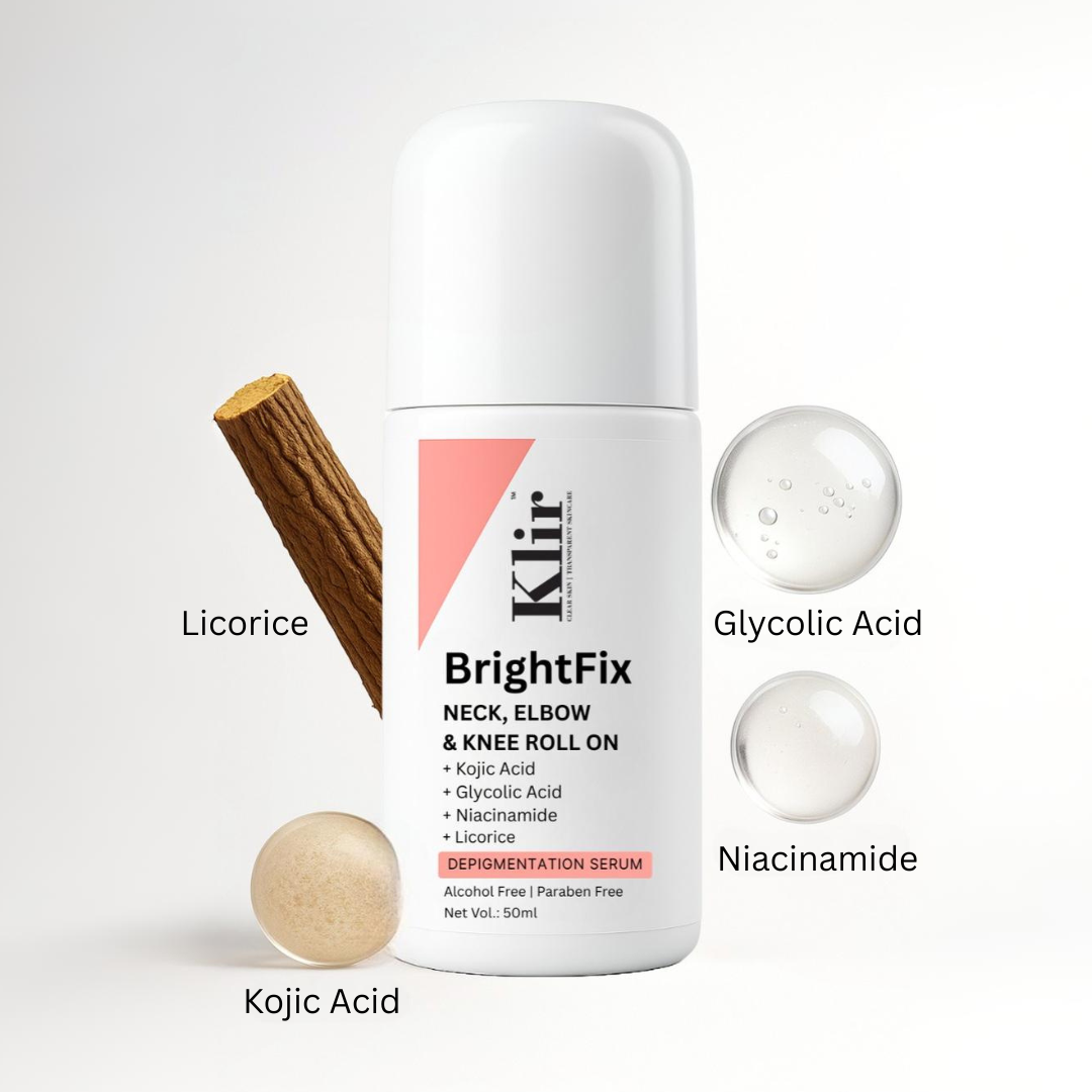 Klir BrightFix Brightening Roll On For Neck, Elbow & Knee with Kojic Acid, Glycolic Acid, Niacinamide, Licorice | Exfoliates, Removes Pigmentation | 50ml