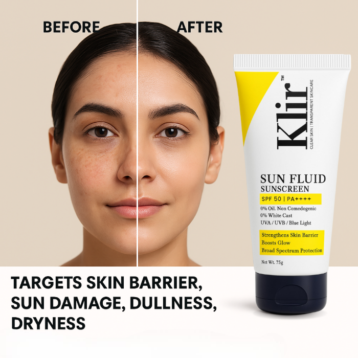 KLIR Sunfluid Sunscreen SPF 50 PA++++ – Non-Sticky, Lightweight, Blue Light & UVA/UVB Protection | 75gm
