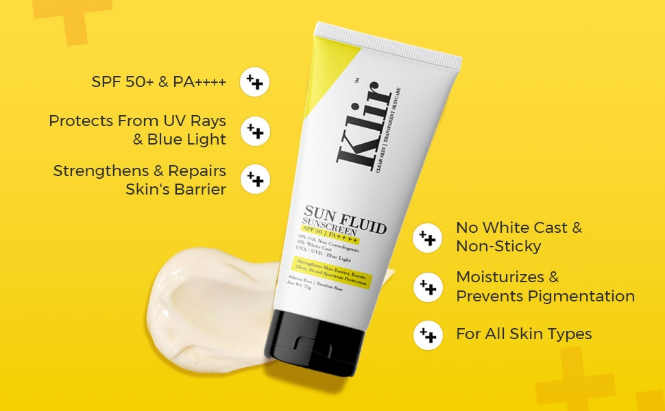 KLIR Sunfluid Sunscreen SPF 50 PA++++ – Non-Sticky, Lightweight, Blue Light & UVA/UVB Protection | 75gm