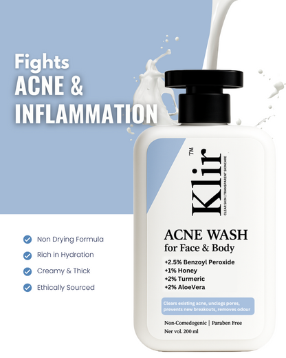 KLIR Acne Wash – Face & Body Cleanser with Benzoyl Peroxide, Aloe Vera for Acne, Odor & Oil Control – 200ml