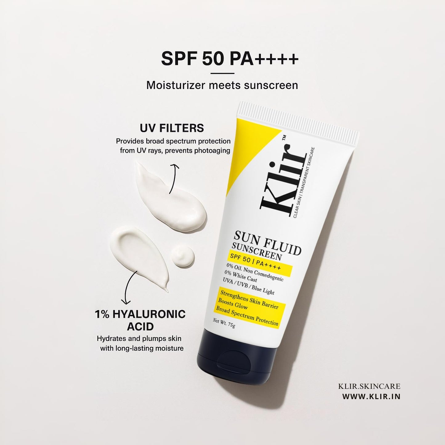 KLIR Sunfluid Sunscreen SPF 50 PA++++ – Non-Sticky, Lightweight, Blue Light & UVA/UVB Protection | 75gm
