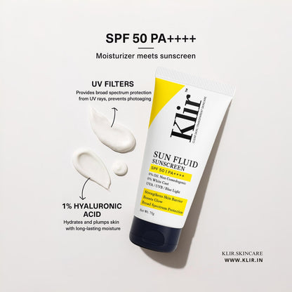 KLIR Sunfluid Sunscreen SPF 50 PA++++ – Non-Sticky, Lightweight, Blue Light & UVA/UVB Protection | 75gm