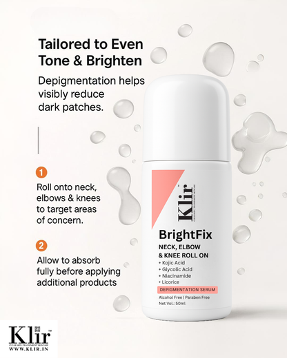 Klir BrightFix Brightening Roll On For Neck, Elbow & Knee with Kojic Acid, Glycolic Acid, Niacinamide, Licorice | Exfoliates, Removes Pigmentation | 50ml