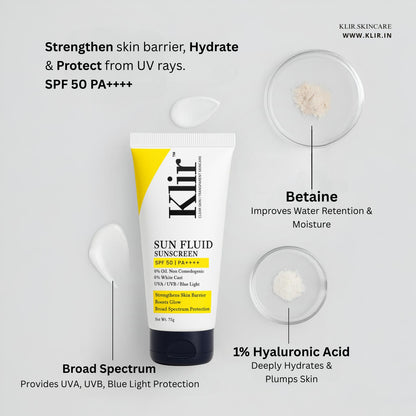 KLIR Sunfluid Sunscreen SPF 50 PA++++ – Non-Sticky, Lightweight, Blue Light & UVA/UVB Protection | 75gm