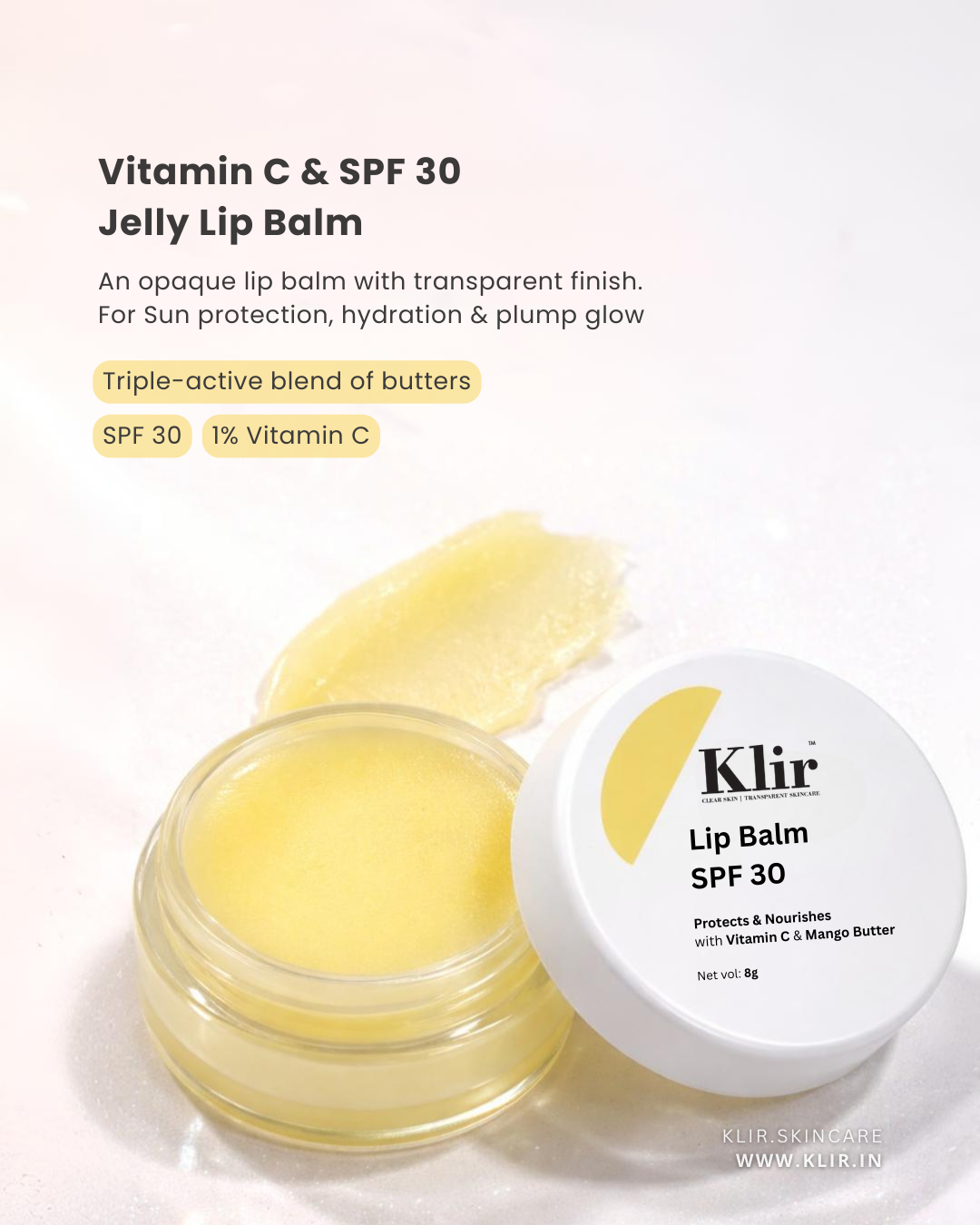 KLIR Lip Balm SPF 30 – Hydrated, Soft, Bright & Even-Toned Lips with Mango Shea Butter, Vitamin C – 8g