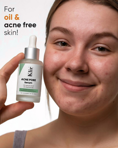 KLIR Acne Pore Serum with 2% Salicylic Acid & 2% Niacinamide  – Controls Oil, Clears Pores & Fights Acne | 30ml
