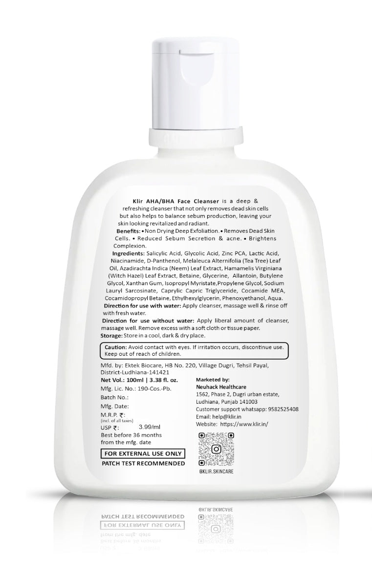 KLIR AHA BHA Exfoliating Cleanser | Glycolic, Salicylic & Lactic Acid Face Wash with Niacinamide – Soap-Free, Non-Lathering Formula | 100ml