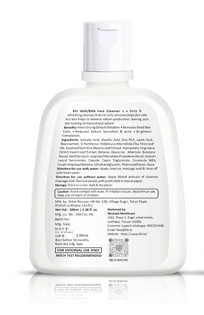 KLIR AHA BHA Exfoliating Cleanser | Glycolic, Salicylic & Lactic Acid Face Wash with Niacinamide – Soap-Free, Non-Lathering Formula | 100ml
