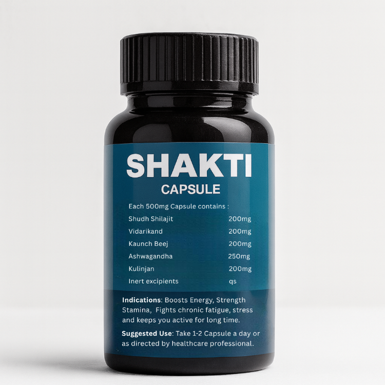 Bottle of Shakti Capsule with blue label on a light gray background