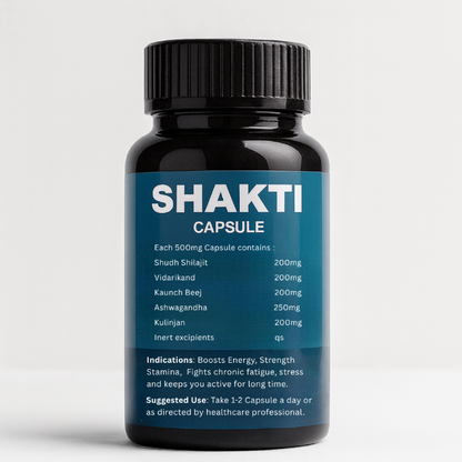 Bottle of Shakti Capsule with blue label on a light gray background