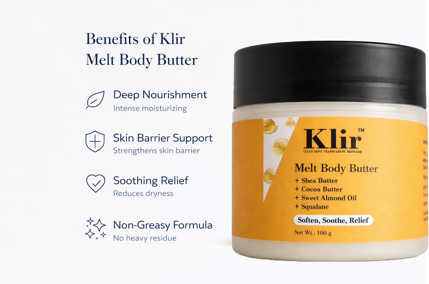 Klir Melt Body Butter with Shea & Cocoa Butter, Sweet Almond Oil & Squalane – 72 Hr Moisture (100g)