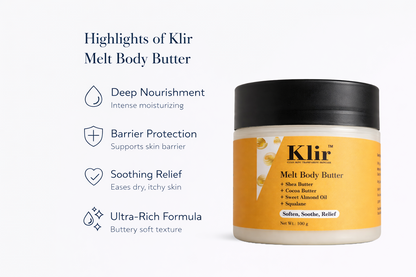 Klir Melt Body Butter with Shea & Cocoa Butter, Sweet Almond Oil & Squalane – 72 Hr Moisture (100g)