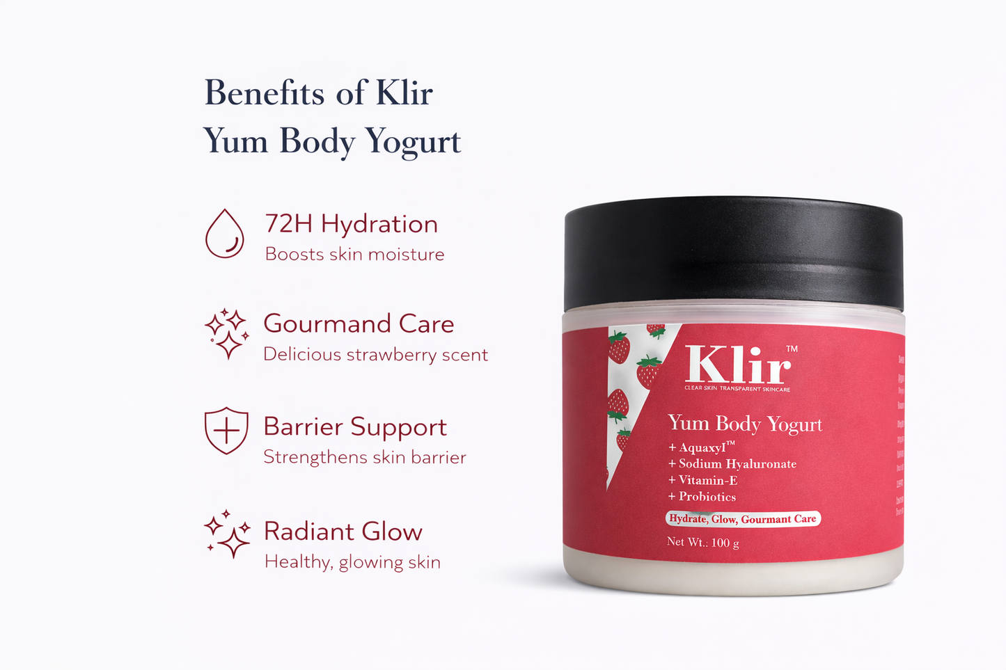 Klir Yum Body Yogurt with Aquaxyl, Hyaluronic Acid & Probiotics for Hydration & Glow (100g)