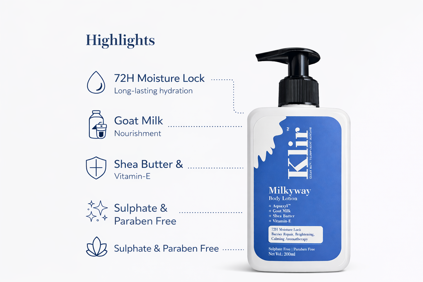Klir Milkyway Body Lotion with Aquaxyl, Goat Milk & Shea Butter for 72H Moisture (200ml)