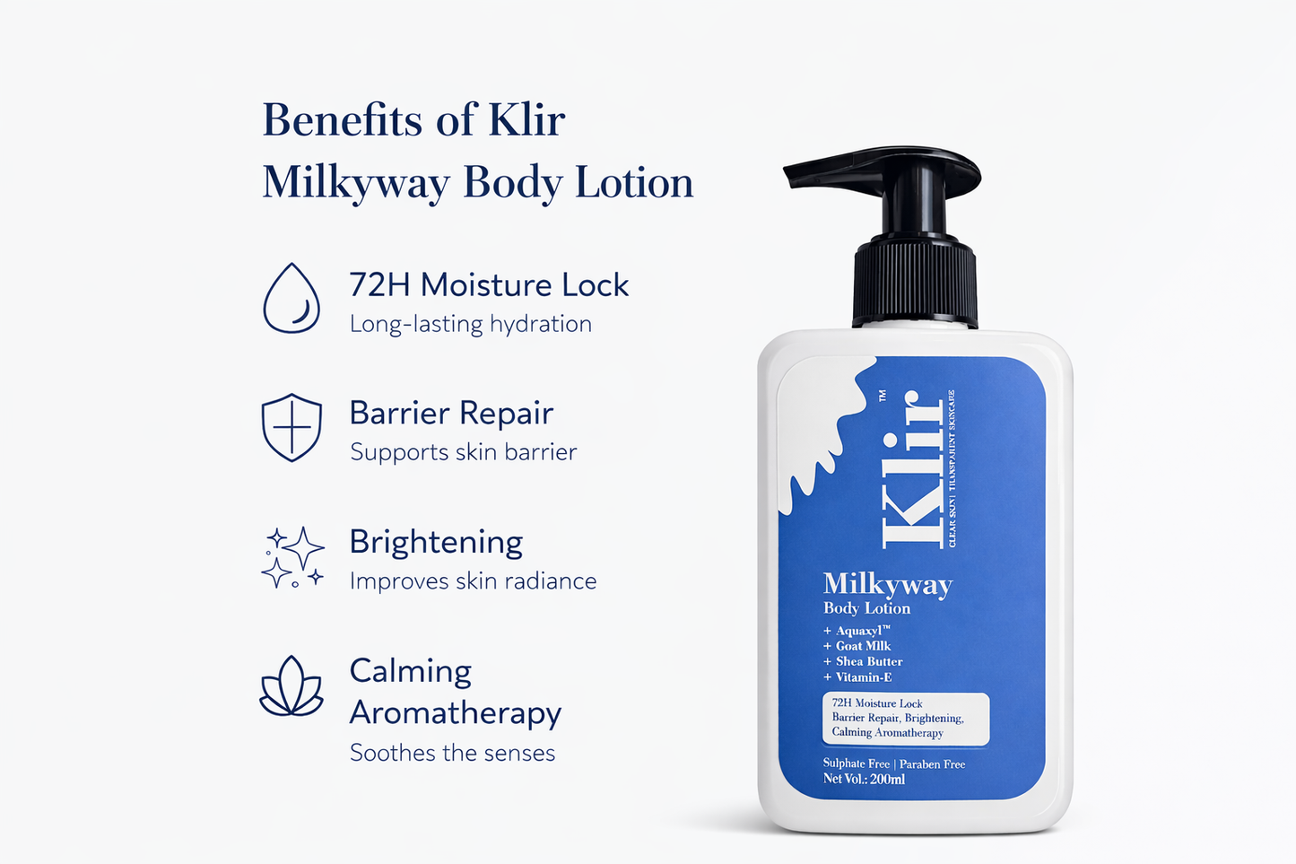Klir Milkyway Body Lotion with Aquaxyl, Goat Milk & Shea Butter for 72H Moisture (200ml)
