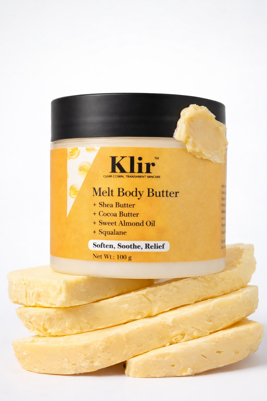 Klir Melt Body Butter with Shea & Cocoa Butter, Sweet Almond Oil & Squalane – 72 Hr Moisture (100g)