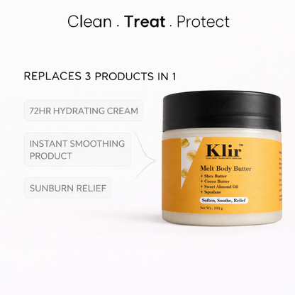 Klir Melt Body Butter with Shea & Cocoa Butter, Sweet Almond Oil & Squalane – 72 Hr Moisture (100g)