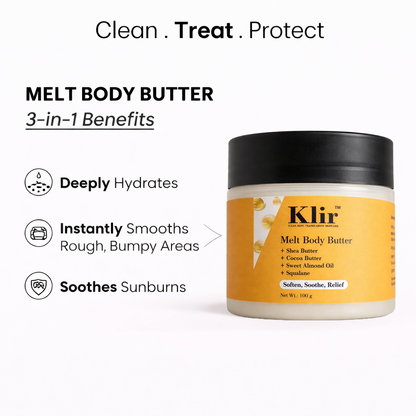 Klir Melt Body Butter with Shea & Cocoa Butter, Sweet Almond Oil & Squalane – 72 Hr Moisture (100g)