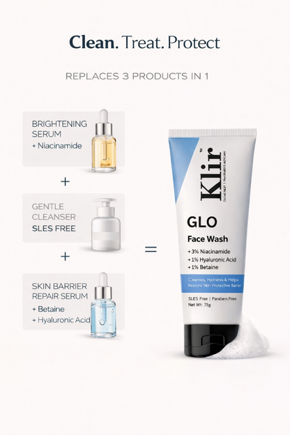Klir skincare products including a tube of GLO Face Wash, serum, and cleanser on a white background.