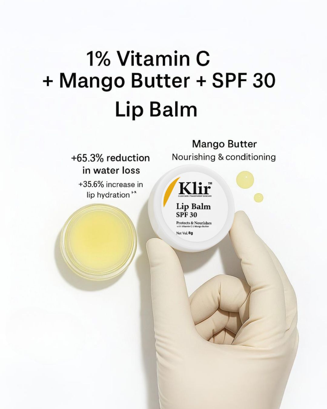 KLIR Lip Balm SPF 30 – Mango Butter, Vitamin C for Hydrated, Soft & Even-Toned Lips – 8g