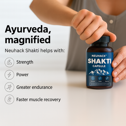 Neuhack Shakti capsule bottle held by a person with product benefits listed.