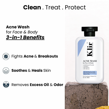 KLIR Acne Wash for Face & Body with Benzoyl Peroxide, Honey & Turmeric – Deep Cleansing, Odor, Acne reduction | 200ml