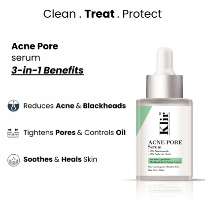 KLIR Acne Pore Serum with 2% Salicylic Acid & 2% Niacinamide  – Controls Oil, Clears Pores & Fights Acne | 30ml