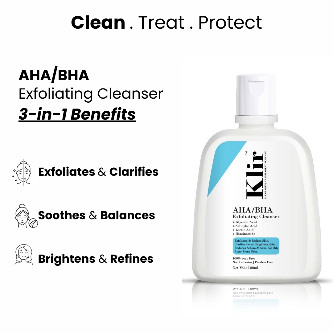 KLIR AHA BHA Exfoliating Cleanser | Glycolic, Salicylic & Lactic Acid Face Wash with Niacinamide – Soap-Free, Non-Lathering Formula | 100ml