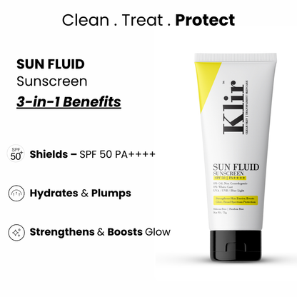 KLIR Sunfluid SPF 50 Sunscreen PA++++ | Lightweight, Non-Greasy, Broad Spectrum UV Protection (75g)