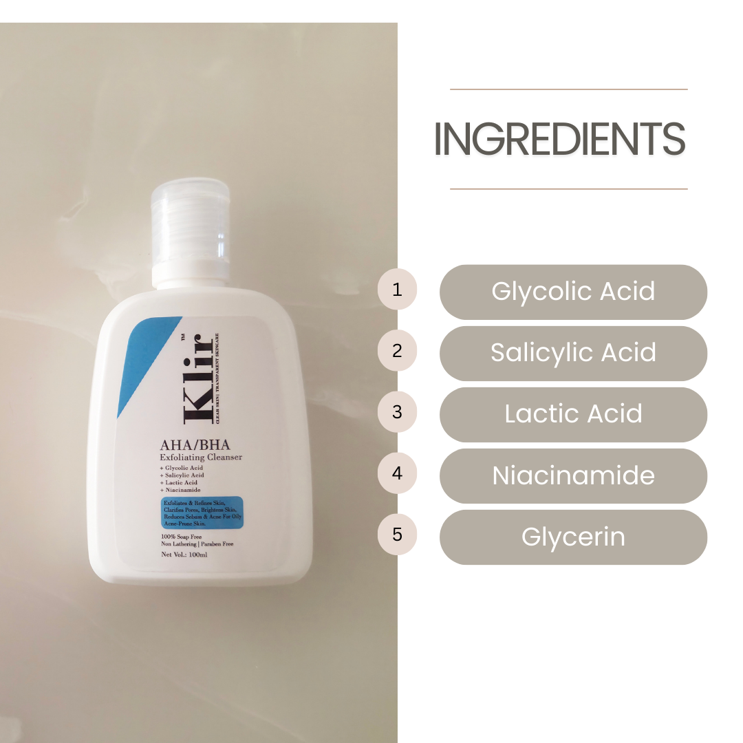 KLIR AHA BHA Exfoliating Cleanser | Glycolic, Salicylic & Lactic Acid Face Wash with Niacinamide – Soap-Free, Non-Lathering Formula | 100ml