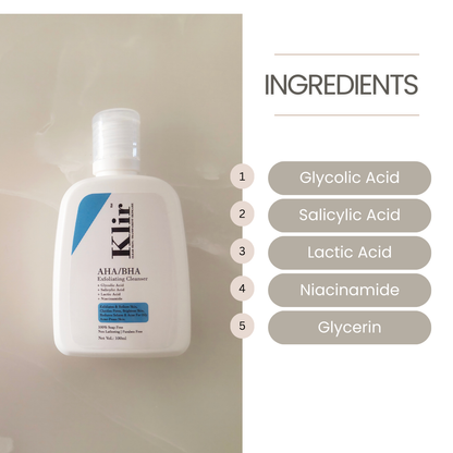 KLIR AHA BHA Exfoliating Cleanser | Glycolic, Salicylic & Lactic Acid Face Wash with Niacinamide – Soap-Free, Non-Lathering Formula | 100ml