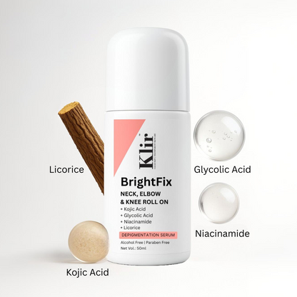 Klir BrightFix Brightening Roll On For Neck, Elbow & Knee with Kojic Acid, Glycolic Acid, Niacinamide, Licorice | Exfoliates, Removes Pigmentation | 50ml