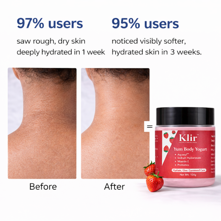 Before and after comparison of skin hydration with Klir Yum Body Yogurt shown.