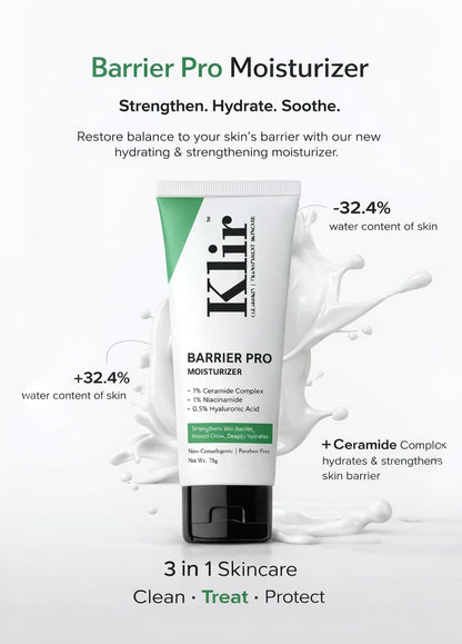 KLIR Barrier Pro Ceramide Moisturizer – Ceramides, Niacinamide & Hyaluronic Acid for All skin types | 75gm
